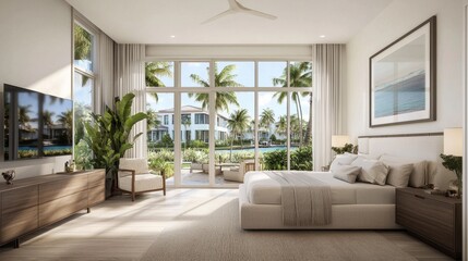 Contemporary bedroom with large windows and tropical view in luxury home