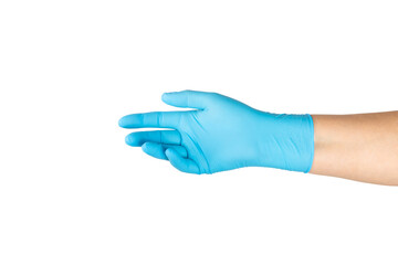 Medical nitrile gloves isolated on white background. Surgical latex gloves. Rubber gloves production. Doctor or nurse putting on protective gloves. Medicine concept. Sterility, protection.