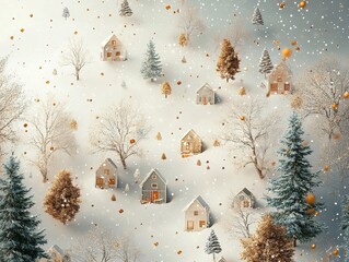Whimsical Winter Wonderland Featuring Snow-Covered Trees and Small Houses With Golden Glitter Falling Through the Light Blue Sky Creating a Dreamy Atmosphere
