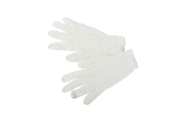Medical nitrile gloves isolated on white background. Surgical latex gloves. Rubber gloves production. Doctor or nurse putting on protective gloves. Medicine concept. Sterility, protection.