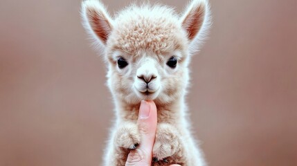Cute Baby Alpaca Cub Sitting on a Finger, Showcasing Delightful Fluffy Features and Patterns in Natural Light