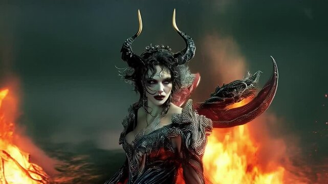 Demonic Witch Entity Gazes Into Distance As Fire Rages On