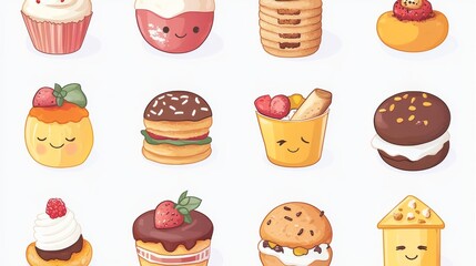 Cute Food Emoji Pack Featuring an Array of Delicious Items Including Burgers, Desserts, and Beverages With Cheerful Designs in a Flat, Colorful Style