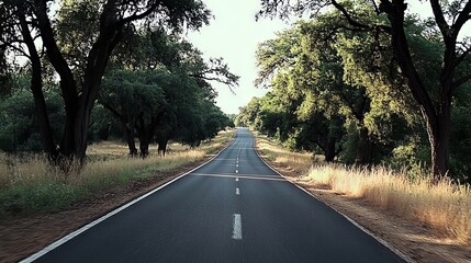 Wide View From Driver's Seat Along an Old Asphalt Road Framed by Lush Trees and Tall Weeds, Capturing a Cinematic Moment Reminiscent of Dynamic Adventure Films