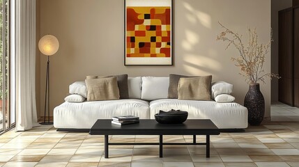Elegant Living Room With Minimalist Design Featuring a White Sofa, Colorful Chinese New Year Poster, and Checkered Tile Floor