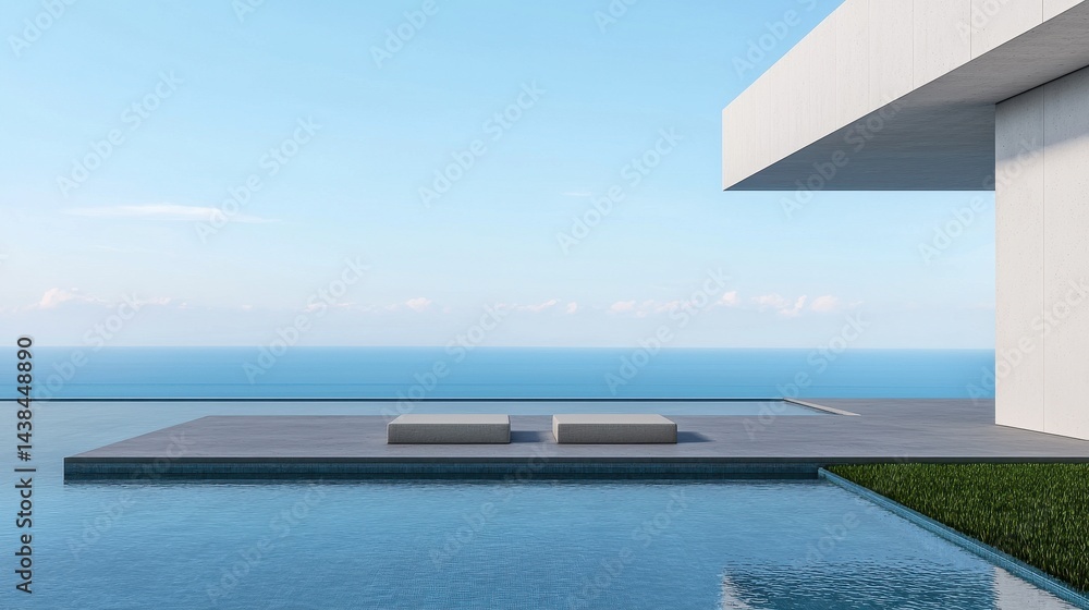 Poster modern minimalist architecture with infinity pool and ocean view