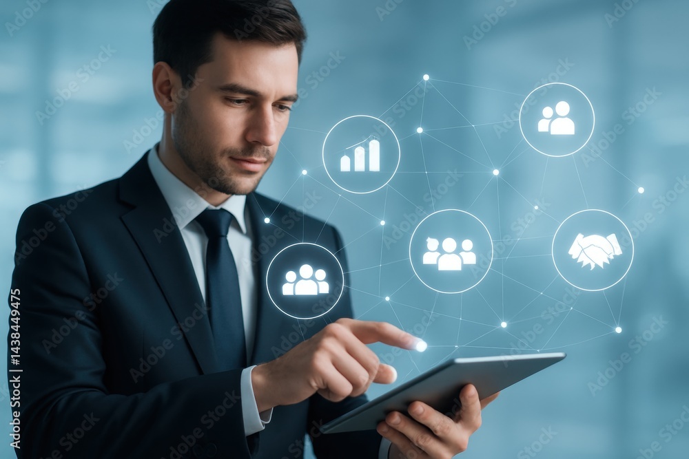 Poster business professional utilizing digital interface: a sharp business professional in a suit interacts