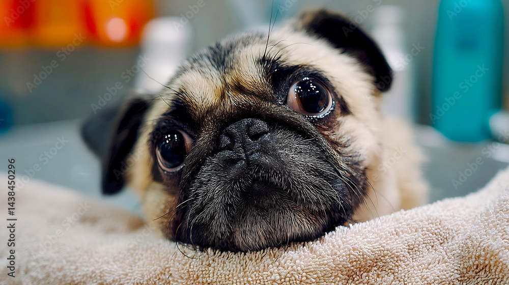 Aufkleber Cute Pug Dog with Big Eyes Relaxing on a Soft Towel in a Bath Setting : Generative AI