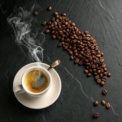 **Minimalist flat lay of espresso & coffee beans**, with steam rising from a cup, set on a dark textured background.