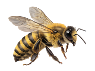 A yellow honey bee, an isolated insect, gathers pollen in a summer macro shot