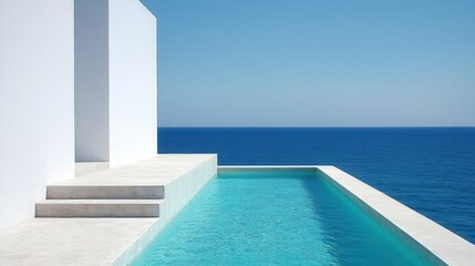 Obraz premium Modern minimalist pool with ocean view and blue sky backdrop
