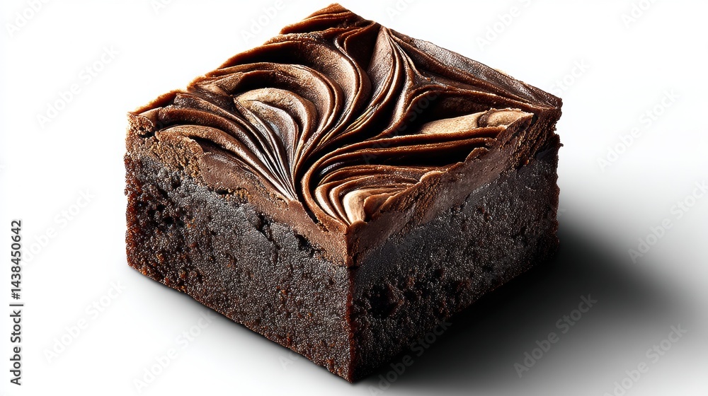 Poster decadent brownie square topped with a rich swirl, isolated against a white background with a dramati