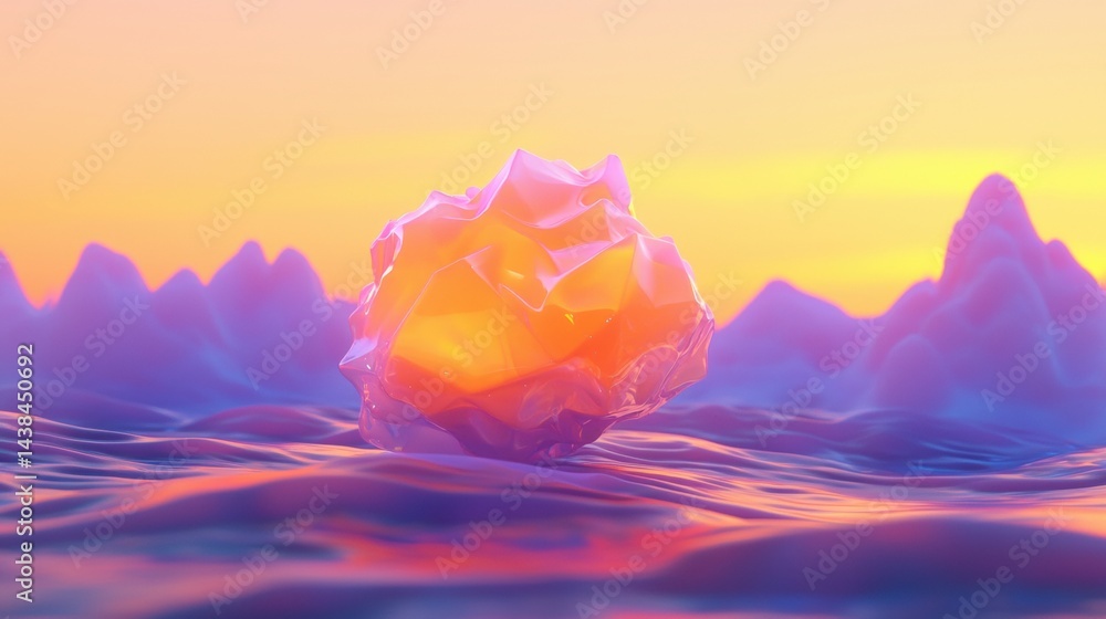 Poster a digital rendering of a translucent, orange-yellow sphere floating on a wave-like surface, with a g