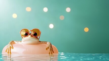 Relaxing frog floats in water, wearing sunglasses, on a pink inflatable ring