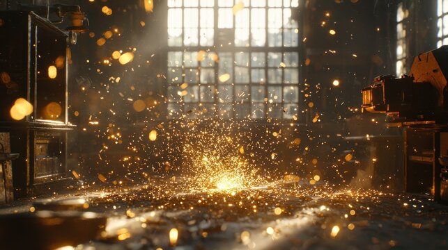 Golden sparks fly in a dimly lit workshop interior