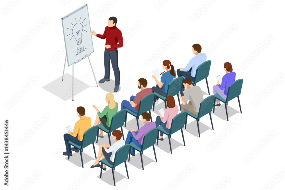 Poster a business trainer gives a presentation about new ideas to an audience using a flipchart with a ligh