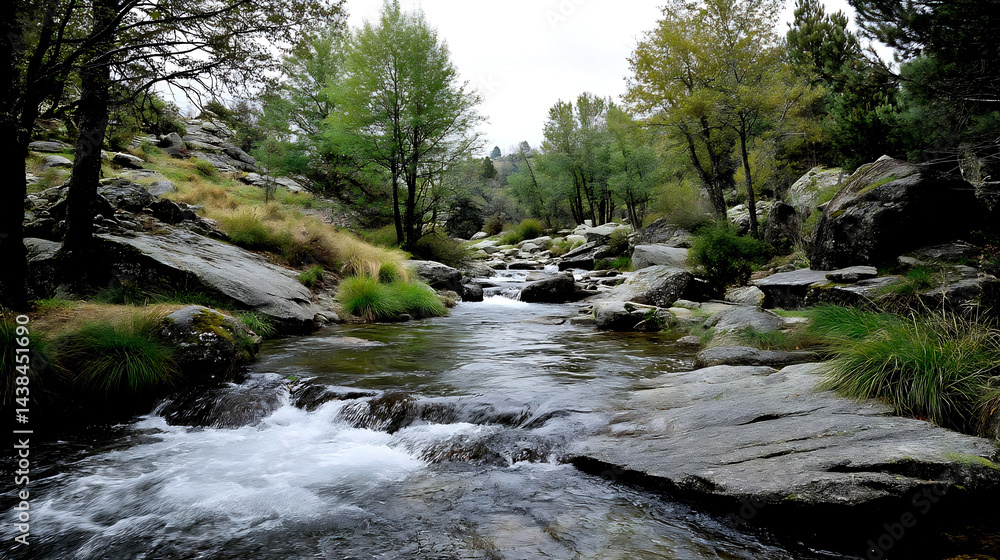 Poster serene river flowing through a lush green forest creating a beautiful natural landscape : generative