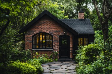 Fototapeta premium Charming brick cottage nestled in a lush garden during twilight, surrounded by greenery and illuminated windows inviting warmth and comfort