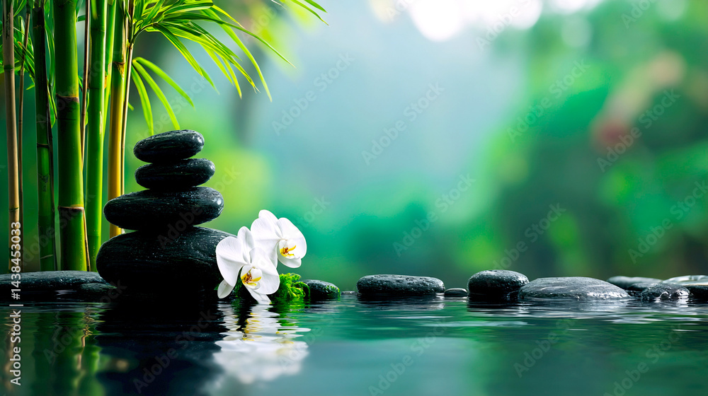Poster tranquil zen garden with rocks and white orchids surrounded by greenery : generative ai