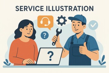 Friendly Service Illustration with Technician and Customer Interaction