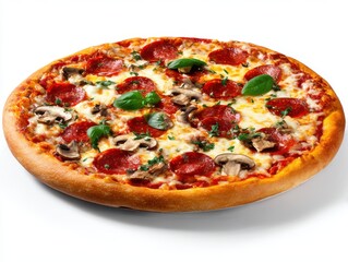 Pepperoni pizza with basil isolate on white background