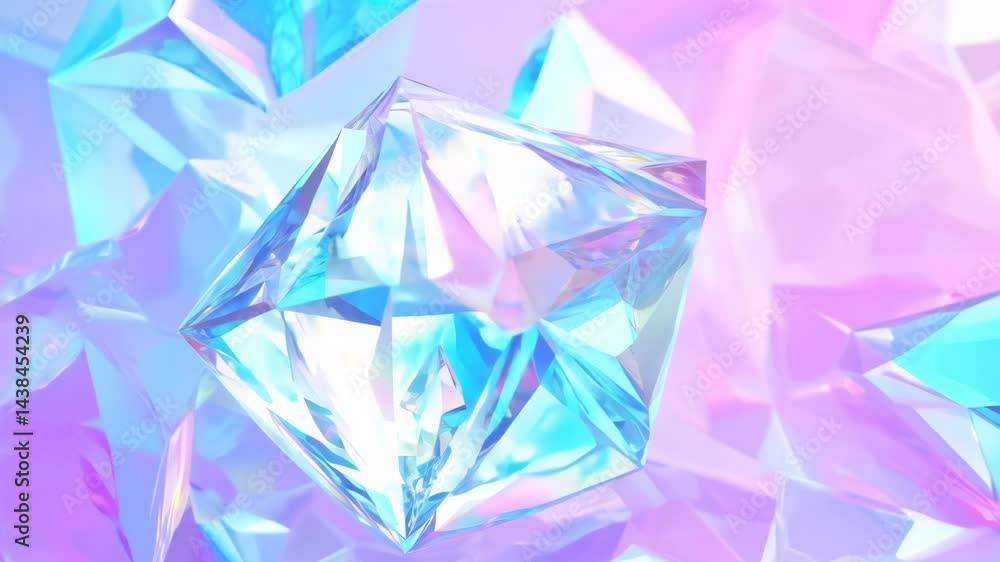 Poster abstract holographic crystal shapes in motion on iridiscent violet background
