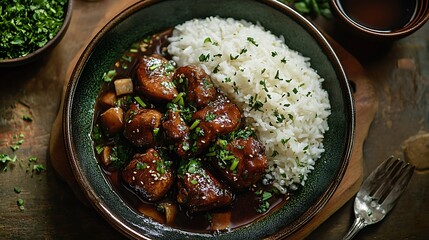 **Filipino Adobo Chicken With Soy Sauce, Vinegar, Garlic, And Spices, Served With Rice, Vibrant Plate Setup For Home-Style Restaurant Ad --Ar 16:9 --S 250** - @Darya (Relaxed) -# Create, Explore, And 