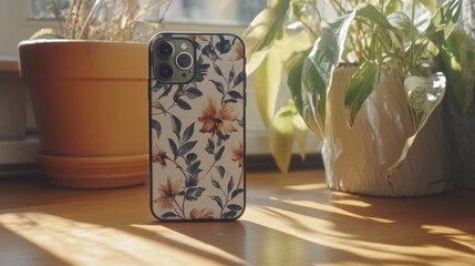 Promotional sticker mockup on phone case with vintage graphics