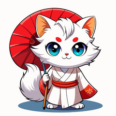 Adorable White Cat in Kimono Holding Red Parasol