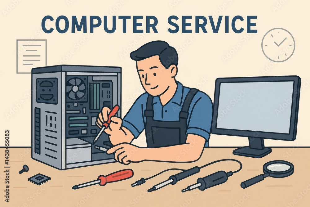 Aufkleber cartoon illustration of tech support with computer components and tools