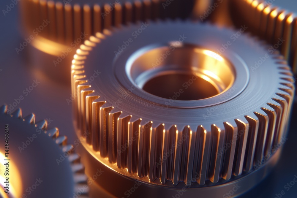 Aufkleber close-up view of metallic gears with shiny surface reflection