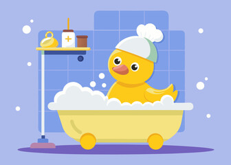 Cute Yellow Duckling Taking a Bath in a Tub