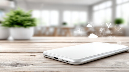 Minimalistic white smartphone with digital cloud and network icons floating above, symbolizing connectivity and modern communication.

