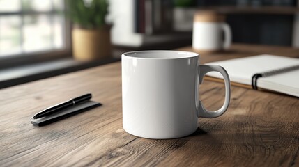 Coffee mug mockup on a wooden desk with a notebook and pen beside
