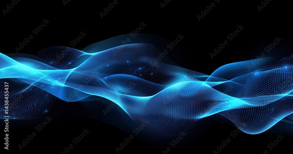Poster abstract flowing blue waves on a dark background. dynamic glowing light trails create a sense of mov