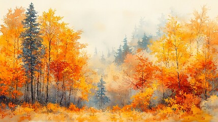 Fototapeta premium Autumn forest landscape, misty morning, golden foliage