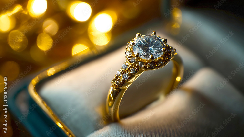 Aufkleber elegant diamond engagement ring presented in a beautiful velvet box with golden bokeh in the backgro