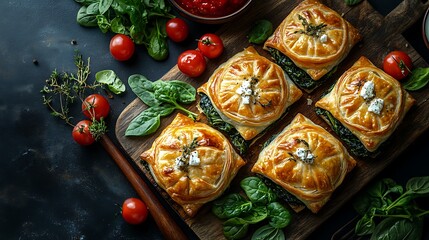 Fototapeta premium Savory baked spinach and cheese puff pastries arranged on a rustic wooden board with fresh tomatoes for culinary advertising.