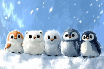 Obraz premium Cute birds and penguins on snow