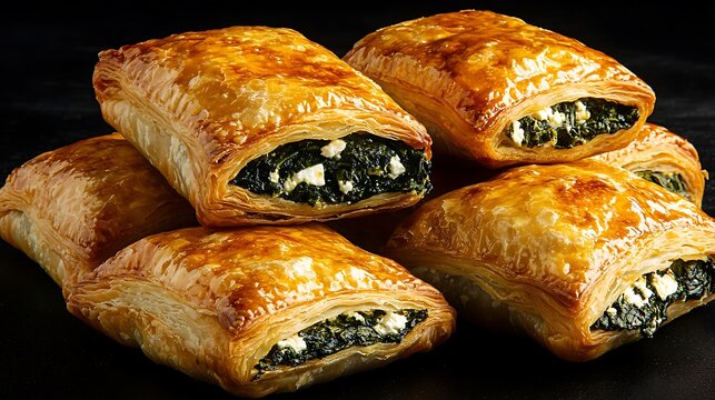 Stack of individual spinach and feta filled puff pastry turnovers with golden crust displayed against a deep black background for menu highlights or recipe illustration. - Powered by Adobe