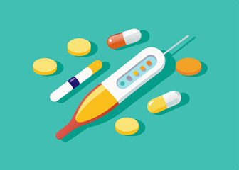 Medical Supplies Illustration Digital Thermometer Pills Capsules