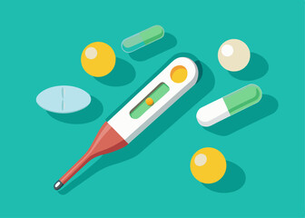 Medical Thermometer with Assorted Pills and Capsules