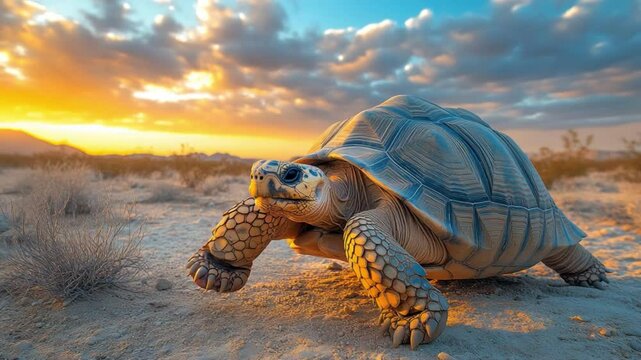 An imposing tortoise traverses the arid terrain, its weathered shell and steady gaze reflecting the vastness of the desert landscape under a vibrant sky. 