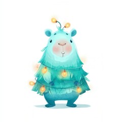 Fototapeta premium Cute character resembling a tree decorated with lights in a whimsical style