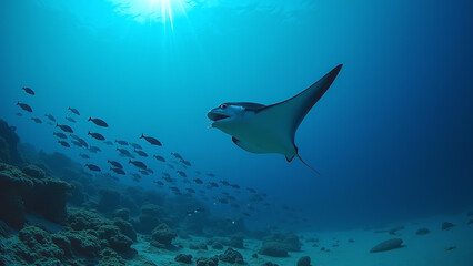 Fototapeta premium Manta Ray Swimming Near Fish and Coral Reef Underwater