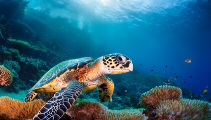 hawksbill sea turtle and coral reef