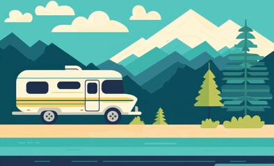 Vintage Camper Van by Lake with Mountains and Pine Trees in Background