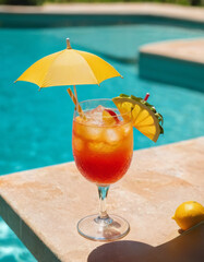 Close-up of a hand holding a refreshing tropical drink with ice cubes and a mini umbrella, sparkling pool water in the background, sunny day, vacation vibes.