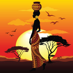 African Beauty Silhouette with beautiful Wax Traditional Dress, carrying a Decorated Jar, on Amazing Savanna Sunset Vector Illustration
