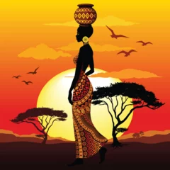 African Beauty Silhouette with beautiful Wax Traditional Dress, carrying a Decorated Jar, on Amazing Savanna Sunset Vector Illustration 